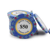 Monte Carlo 14 Gram Poker Chips - $50 Sold by the Roll 25 pcs per Roll, montecarloltblu50